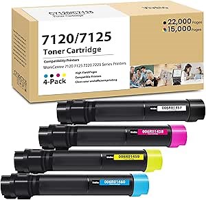 7120 7125 7220 7225 Toner Cartridge with New Chip Replacement for Xerox 006R01457 006R01458 006R01459 006R01460 Toner for WorkCentre 7120 7125 7220 7225 7220i 7225i Printers, 4 Pack 7120 Toner Kit