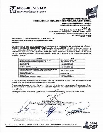 Calendario de Aplicación de Nómina IMSS-BIENESTAR 2024