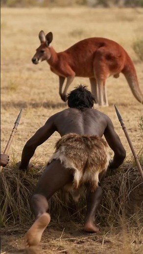 Three Prehistoric Hunters Pursue a Giant Kangaroo