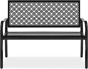 Best Choice Products Outdoor Bench 2-Person Metal Steel Benches Furniture for Garden, Patio, Porch, Entryway w/Geometric Backrest, 790lb Capacity – Black