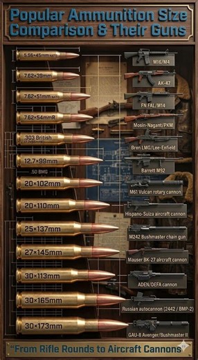 Ammunition Size Comparison – 5.56mm to 30mm GAU-8 Avenger & Their Guns 🔥
