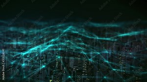 Connected smart city skyline. Digital city aerial view with motion graphics in 4K animation. Connected neural network