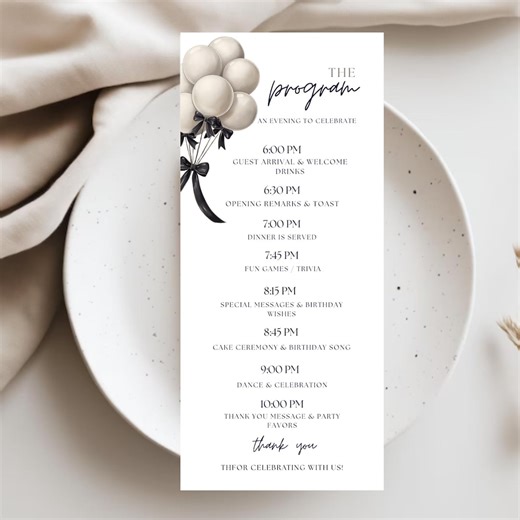 Balloon Bows Dinner Party Downloadable Event Program,coquette Bow-themed Editable Birthday Program Template,60th 70th 80th Birthday BB1 - Etsy UK