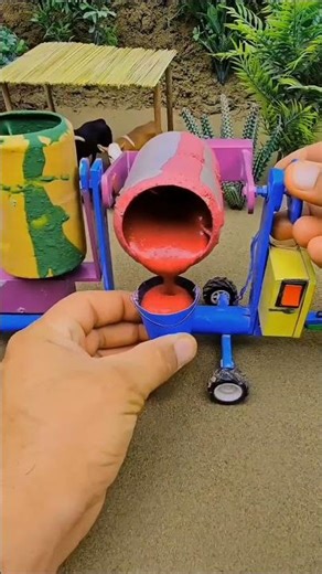 Mini handpump water science project with red,blue,green leaves shape concrete & diy tractor