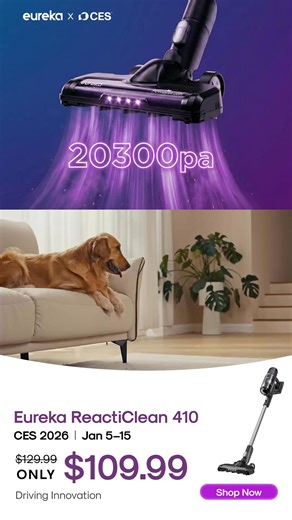 Clean smarter with the Eureka ReactiClean 410 Cordless Vacuum Cleaner. Lightweight design with powerful suction, an anti-tangle nozzle, and ultra-long runtime—made for effortless everyday cleaning. Advanced 5-layer filtration captures dust and allergens, keeping your home fresh and clean. | Eureka