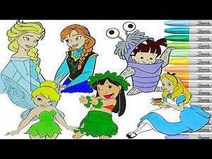 Disney Coloring Book Compilation Elsa Anna Tinkerbell Lilo Boo Alice in Wonderland Rainbow Splash