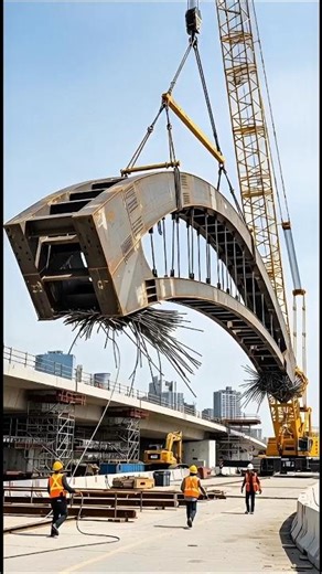 Massive Bridge Arch Tilts Mid-Air — Crane Cable Failure Sparks Urban Collapse 😱 #fail #construction