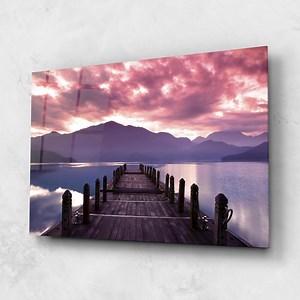 Art mural en verre trempé | Art mural en verre moderne pour salon et chambre, décoration murale, décoration d'intérieur, paysages, ciel rose sur le lac - Etsy France