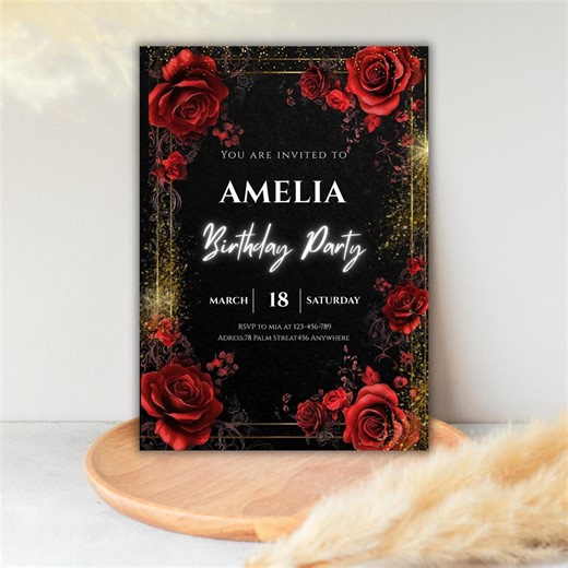 Red Rose Birthday Invitation Template | Elegant Black Gold Floral Party Invite (digital Download) - Etsy