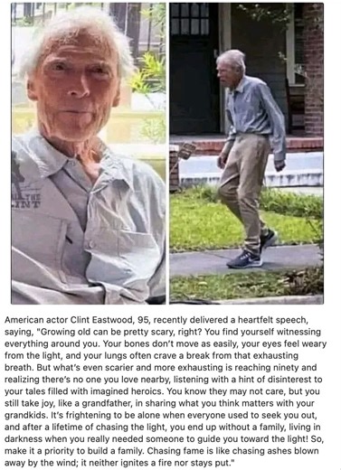 Clint Eastwood, at 95 years old, shares a deeply introspective summary of his recent speech, highlighting the profound thoughts and emotions that come with aging. Indeed, as he aptly puts it, "Aging… | Bob Roth | 54 comments