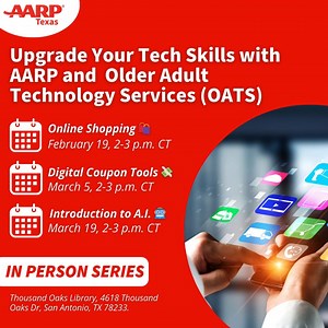 Level up your tech skills and get ready for your life to get easier! 📱✨ We’ve teamed up with OATS to host four FREE tech classes, each targeting different areas. We’ll cover: 🍔 How to use food ordering apps 🛍️ Online shopping made simple 💸 Digital couponing tips 🤖 Understanding A.I. Visit http://spr.ly/6185xxAtb for more information! | AARP Texas