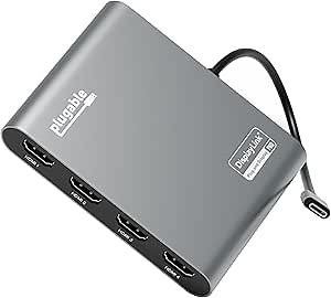 Plugable USB C to Quad HDMI 4K Adapter with 100W PD Pass-Though Power Delivery for Windows, Mac M1/M2/M3/M4, Thunderbolt, and USB-C Laptops | TAA, DisplayLink Pro, Driver Required (USBC-7400H4)