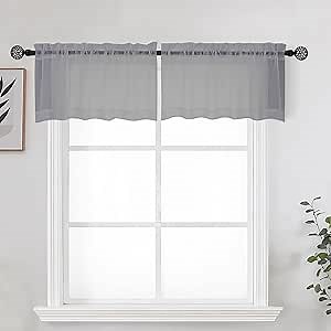 OWENIE Grey Sheer Kitchen Valance for Windows Set of 2, Small Modern Rod Pocket Voile Valance Curtain Window Treatment Decor for Living Room Bathroom Cafe Laundry Basement, 42" W x 14" L