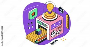 Creative process isometric concept. Moving banner with factory, engineering machinery and conveyor with light bulb. Metaphor of idea generation for business or startup. 3D style graphic animated video