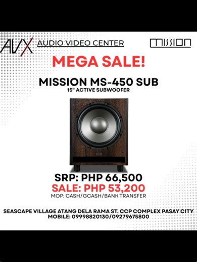 The Mission MS-450 Sub is a high-powered, active subwoofer designed to deliver exceptionally deep and powerful bass, making it an ideal choice for enhancing the low-frequency performance of home cinema and stereo systems. It features a large 15-inch long-throw bass driver and a robust Class D amplifier, engineered to produce impactful bass with precision and clarity. #avx #mission #speakers #goodsound #goodmusic