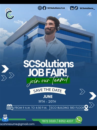 🚨 Mark your calendar! Our next SCS Job Fair is coming up! 💼✨ Looking to level up your career? Whether you're a future agent, creative, leader, or intern — this is your chance to connect, apply, and stand out. 🌟 📍 Eco Building, 3rd Floor 📅 June 19th & 20th 🕘 9:00 AM – 4:30 PM Bring your resume. Bring your ambition. We’re ready to meet you. 🙌 📧 scshrresume@gmail.com | 📲 7872 3320 / 8352 4237 #SCSJobFair #YourNextMove #JoinOurTeam #CareersWithPurpose