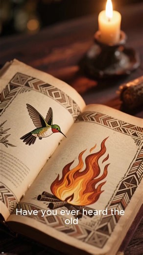 𝗮𝗻 𝗮𝗻𝗰𝗶𝗲𝗻𝘁 𝗡𝗮𝘁𝗶𝘃𝗲 𝗔𝗺𝗲𝗿𝗶𝗰𝗮𝗻 𝗹𝗲𝗴𝗲𝗻𝗱, 𝗮 𝗺𝗮𝘀𝘀𝗶𝘃𝗲 𝗳𝗼𝗿𝗲𝘀𝘁 𝗳𝗶𝗿𝗲 𝘀𝗲𝗻𝗱𝘀 𝗲𝘃𝗲𝗿𝘆 𝗮𝗻𝗶𝗺𝗮𝗹 𝗿𝘂𝗻𝗻𝗶𝗻𝗴 𝗳𝗼𝗿 𝘀𝗮𝗳𝗲𝘁𝘆—𝗲𝘅𝗰𝗲𝗽𝘁 𝗼𝗻𝗲 𝘁𝗶𝗻𝘆 𝗵𝘂𝗺𝗺𝗶𝗻𝗴𝗯𝗶𝗿𝗱. 𝗪𝗵𝗶𝗹𝗲 𝘁𝗵𝗲 𝗺𝗶𝗴𝗵𝘁𝘆 𝗰𝗿𝗲𝗮𝘁𝘂𝗿𝗲𝘀 𝗳𝗹𝗲𝗲 𝗶𝗻 𝗳𝗲𝗮𝗿, 𝘁𝗵𝗲 𝗵𝘂𝗺𝗺𝗶𝗻𝗴𝗯𝗶𝗿𝗱 𝗳𝗹𝗶𝗲𝘀 𝗯𝗮𝗰𝗸 𝗮𝗻𝗱 𝗳𝗼𝗿𝘁𝗵, 𝗰𝗮𝗿𝗿𝘆𝗶𝗻𝗴 𝗱𝗿𝗼𝗽𝘀 𝗼𝗳 𝘄𝗮𝘁𝗲𝗿 𝗶𝗻 𝗶𝘁𝘀 𝗯𝗲𝗮𝗸 𝘁𝗼 𝗳𝗶𝗴𝗵𝘁 𝘁𝗵𝗲 𝗳𝗹𝗮𝗺𝗲𝘀. 𝗪𝗵𝗲𝗻 𝗹𝗮𝘂𝗴𝗵𝗲𝗱 𝗮𝘁