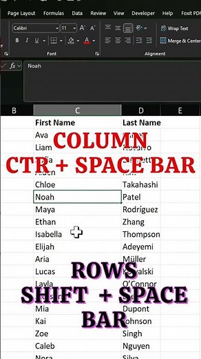 Shortcut keys to select column & row