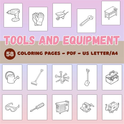Tools Coloring Pages for Kids, Equipment Coloring Book Printable PDF, Construction Tools Coloring, 58 Pages US Letter A4 - Etsy