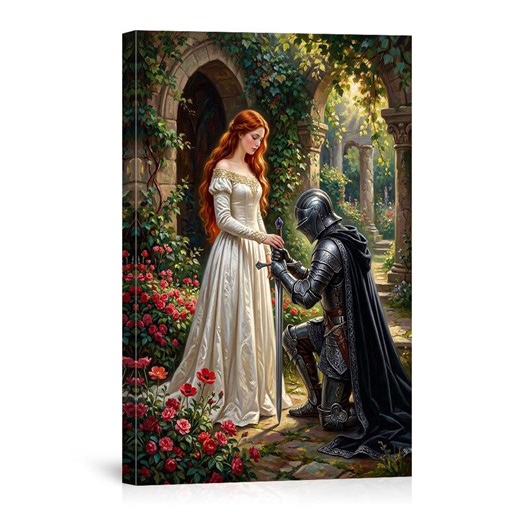 Medieval Princess and Knight Kneeling in Rose Garden Canvas Wall Art Decor Romantic Fantasy Poster for Home Bedroom - Etsy