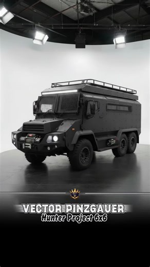 Vector Pinzgauer Hunter Project 6x6 – AI digital design stealth-black pinzgauer 6x6 expedition platform by kings campers in collaboration with @hunterprojectpinzgauer and @gavincfindlay, built for extreme terrain: armored body panels with riveted construction, external roll protection, roof expedition rack and rear ladder with spare mount. reinforced steel bumpers with heavy winch system, mesh-protected windows and off-road suspension on aggressive mud terrains deliver uncompromising durability.