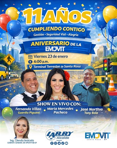 🎉EL COMBO AMARILLO EN LA TERMINAL TERRESTRE DE SANTA ROSA🎉 Disfruta de una tarde de diversión por celebrar nuestro aniversario #11 de la EMOVTTSR-EP🎊 con un gran show con los actores principales del conocido programa televisivo El Combo Amarillo🚖 Asiste con toda tu familia, te esperamos el viernes 23 de enero a las 16:00😊 | Emovtt Santa Rosa EP