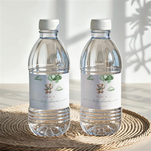 Editable Teddy Bear Baby Shower Water Bottle Label, Green Balloons Party Favors, (digital Template) - Etsy