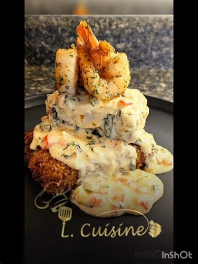 Fried grit cakes with, tuscan cheese sauce and shimp. 😋 #food #shortvideo #brunch #seafood #sauce