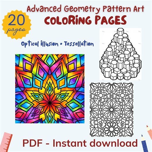 Geometry Pattern Coloring Pages – Advanced Tessellation & Optical Illusion (PDF A4/US Letter, 20 Pages)