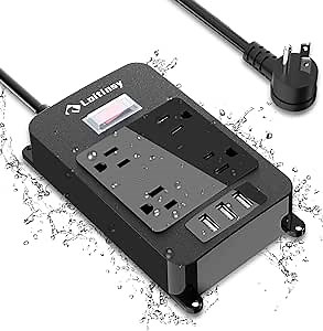 Outdoor Power Strip Weatherproof with 4 Outlets, Outdoor Surge Protector Waterproof, 3 USB Ports, 6 FT Extension Cord, Electric Shockproof, Plug Extender Wall Mount for Bathroom Kitchen Patio,Black