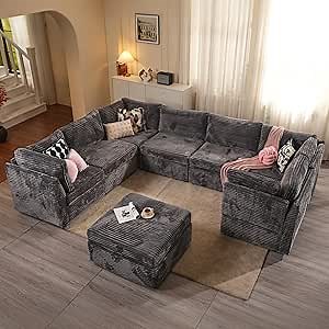 Modular Sectional Sofa Cloud Couch - U Shaped Comfy Oversized Sectional Couches for Living Room,Deep Seat Convertible Sleeper Sofa Bed with Ottoman Chaise for Apartment Office,Plush Corduroy,Grey