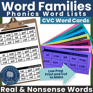 Phonics Word Lists - Short Vowel CVC Words Families (real and nonsense words)