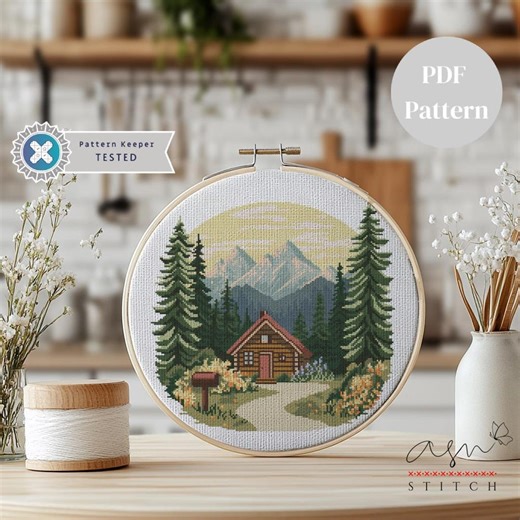 Korsstygnsmönster för stuga i skog, enkel mysig design (PDF-mönster) - Etsy Sverige