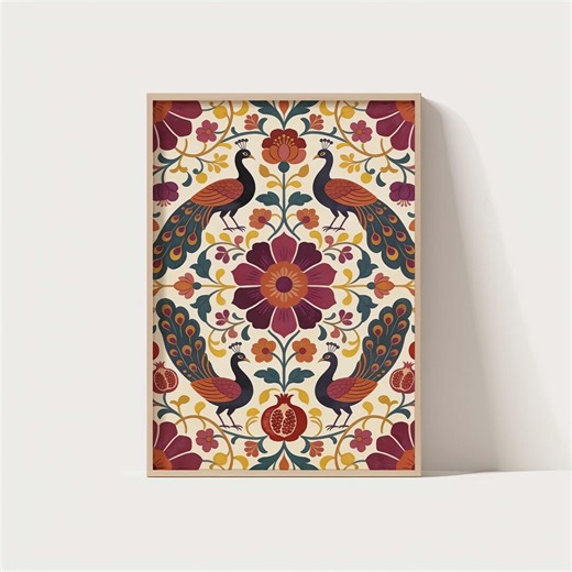 Folk Art Peacock Print, Indian Floral Pattern Poster, Vintage Ornamental Wall Art - Etsy