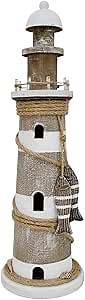 Morning View Lighthouse Decor Nautical Decoration Lighted Wood Light House Figurine Beach House Coastal Decor Table Ocean Seaside Theme Home Decor Lake House Bathroom Shelf Centerpiece 17.5"(White)