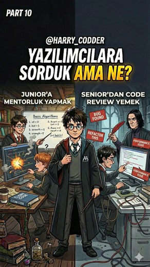 Serhat Z. | Javascript | React | Software | Computer Eng. on Instagram: "Yazılımcılara Sorduk, Ama Ne? – PART 10 yayında 🔥👀 Sıradaki sorumuz kariyer basamaklarının en zorlu tercihi: Junior’a mentörlük yapmak mı, Senior’dan code review yemek mi? 👨‍🏫🆚🧐 Bir yanda sabırla bildiklerini aktarmanın sorumluluğu, diğer yanda yazdığın kodun en ince ayrıntısına kadar incelenmesinin gerilimi... (veya öğreticiliği!) 😅 Cevapları izle, bakalım yazılımcılar öğretmeyi mi seçiyor yoksa zor yoldan öğrenmeyi