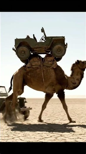 The camel lifted the vehicle onto itself and started walking.