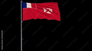 Isolate big flag of Wallis and Futuna on a flagpole fluttering in the wind on a transparent background, 3d rendering, 4k prores 4444 footage with alpha transparency