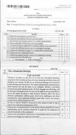 BUSINESS COMMUNICATION (KMBN 107) QUESTION PAPER 2021-22.