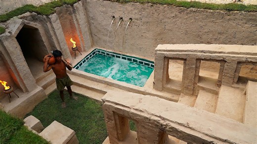 Building a hidden underground retreat with primitive tools: multi-level pool & waterfall