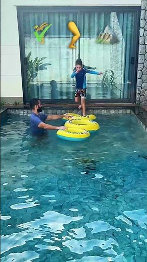 Dad & Son 3-Ring Tricks! Backyard Swimming Pool Emoji Challenge