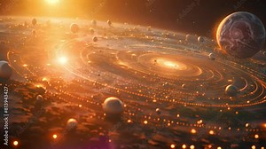 Detailed depiction of a solar system with planets, moons, asteroids, and stars, showcasing their relative positions and orbits.