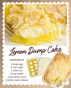 Absolutely delicious and easy lemon dump cake! 🍋 Ingredients: 🍋2 (12-ounce) jars lemon curd 🍋8 ounces cream cheese, softened 🍋1 large egg, room temperature 🍋¼ cup granulated sugar 🍋1 (15.25-ounce) box vanilla, lemon, yellow or white cake mix (we used white) 🍋½ cup salted butter | The Best Blog Recipes