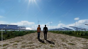 Green energy solar panels and wind turbines, maintenance worker and supervisor walking, 4K Stock Video