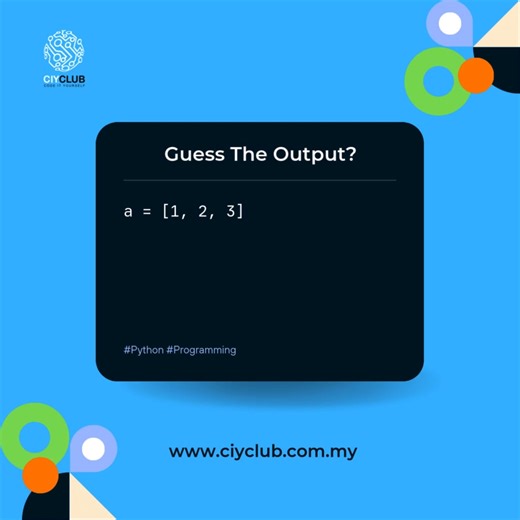 Guess The Python Output! Look closely at the code in the video. It’s a quick challenge about a core concept: list mutability and referencing. What will the final output be? Drop your answer and explanation in the comments! 👇 🔗 Visit: https://www.ciyclub.com.my 📲 WhatsApp: https://wa.me/60103029630 #Python #CodingChallenge #GuessTheOutput #PythonProgramming #CodeQuiz #DataStructures #Programming #CIYCLUB | CIY.Club Coding, Robotics & AI Education - STEM Center