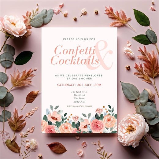 Confetti & Cocktails Bridal Shower Invitation Template | Watercolour Floral Pink and Green | Editable Invite - Etsy