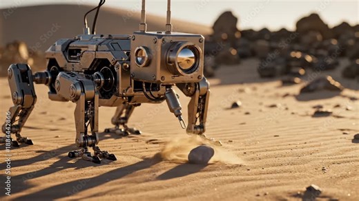 Robotic dog analyzes rock on desert sand using drill. Robot explores desert terrain with rock sampling. Desert robot dog drills rock for exploration. Robotic exploration on sandy desert terrain.
