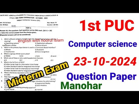 1st PUC Computer Science Midterm Question Paper 2024 kseab