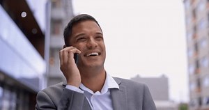Business phone call, city communication and happy man talking, networking or speaking on smartphone conversation. Mobile discussion, agent walking and commuting person consulting with travel contact