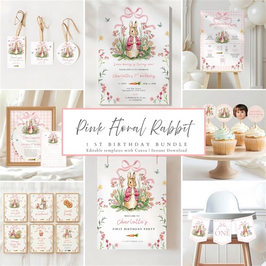Peter Rabbit Birthday Invitation Bundle Template: Some Bunny is Turning One, Rustic Pink Floral Garden Invite (canva Editable) BS17 - Etsy